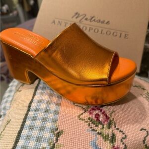 Metallic finish platform open toe shoes.